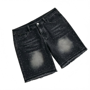 Shorts en jean épais personnalisés pour hommes, style streetwear, avec strass et cristaux, style vintage, fermeture éclair, 100 % coton, service OEM - Product Image 1