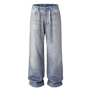 Jean décontracté pour femme, coupe large, taille mi-haute, respirant, imperméable, avec broderie personnalisée et strass, idéal pour l'hiver - Product Image 1
