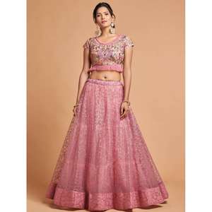 Vêtements de fête en filet brodé de fil rose blush unique Lehenga Choli - Product Image 2