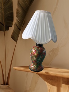 Floral Enamel Table Lamp White Pleated Shade Decorative Bedside Desk Light Home Decor - Product Image 2