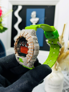 Custom VVS Moissanite <b>Watch</b> Round Bezel Case Moissanite Diamond Digital <b>Watch</b> Green Strap Hand Set Stones <b>Watch</b> - Product Image 5