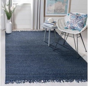Handwoven Solid Color Blue Jute <b>Rug</b> with Fringe Low Pile Eco-Friendly <b>Thin</b> Home Use - Product Image 3