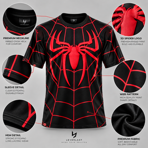 T-shirt Spiderman personnalisé avec logo, toile d'araignée rouge et noire, manches courtes, streetwear, impression sérigraphique en relief - Product Image 5