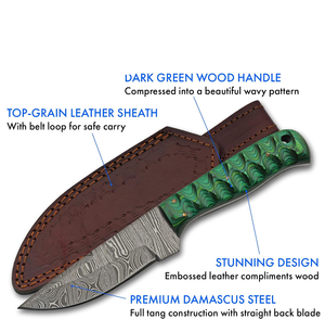 Couteau de chasse Damas 8 pouces, couteau à éviscérer émeraude avec manche en bois rainuré, lame pleine longueur et étui, couteau de poche pour la chasse - Product Image 3