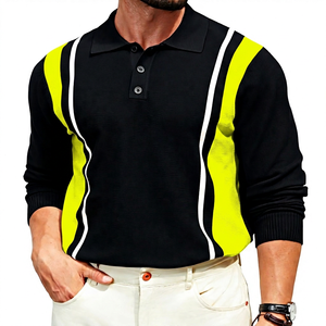 Men's Long Sleeve <b>Black</b> Gray Color Block <b>Polo</b> Shirt Casual Breathable Turn Down Collar 100% Cotton <b>Top</b> - Product Image 3