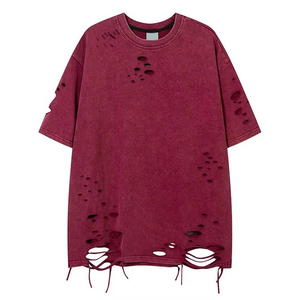 Camiseta de algodón gris oversize para hombre, manga corta, cuello redondo, estilo urbano desgastado, jersey sólido de punto, largo extendido - Product Image 5