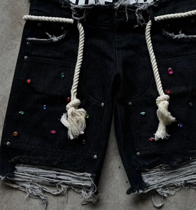 OEM Black Distressed Denim Shorts Rope Detail Rhinestone Streetwear Shorts rhinestone oversized 2026 - Product Image 4