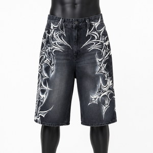 Pantalones Cortos de Mezclilla Personalizados para Hombre, Lavados en Negro, Hasta la Rodilla, Estilo Baggy, con Estampado Gráfico, Casuales, de Verano - Product Image 1