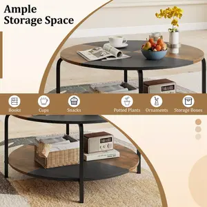 Mesa de centro redonda de 2 niveles con estante de almacenamiento, marco de metal, para sala de estar, apartamento, color marrón rústico, de calidad excepcional, precio de fábrica al por mayor. - Product Image 5