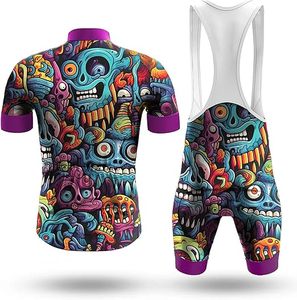 Ensemble maillot et short de cyclisme pour homme, imprimé géométrique, motif crâne coloré, bordure violette, tenue de vélo performante, tissu 120g - Product Image 3