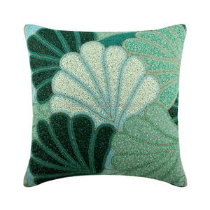 Taie d'oreiller décorative en soie verte bleue de mer 16 "x 16" Technique tricotée avec broderie de perles Style plage coquillages pour canapé - Product Image 2
