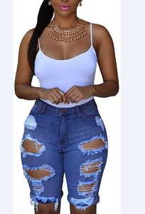 Women High Waist Distressed Denim Shorts Skinny Fit Ripped Cut Out Solid Color Casual Summer Style - Product Image 2