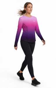 Haut court à manches longues pour femme, col rond, 100 % coton respirant, dégradé violet, impression en relief, style sportif - Product Image 2