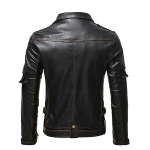 Men's Leather Motorcycle <b>Jacket</b> Turn-down Collar Zipper Closure Belted <b>Slim</b> <b>Fit</b> Autumn Winter Solid Color - Product Image 2