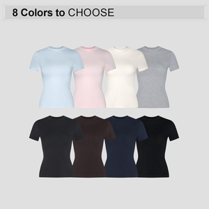 Crop top noir pour femme, manches courtes, col rond, coupe ajustée, tricoté en coton et élasthanne, couleur unie, style minimaliste printemps-été - Product Image 2