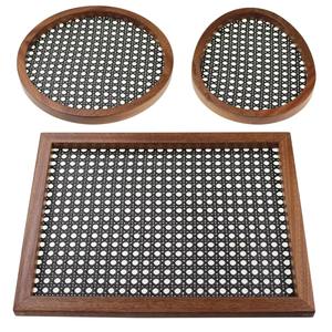 Ensemble de plateaux de service en rotin et bois faits à la main, ronds et rectangulaires, en cannage tressé, pour café, thé, collations, décoration de cuisine et de table - Product Image 2