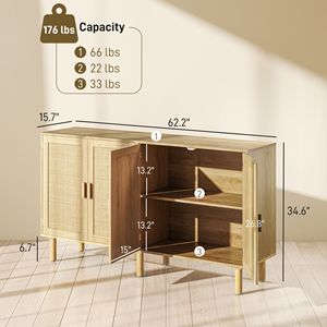 Credenza Bohémien da 158 cm con Ante e Ripiani in Rattan Naturale, Mobile Buffet per Soggiorno e Corridoio - Product Image 3