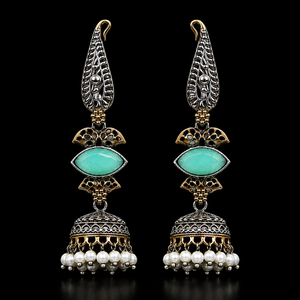 Pendientes de boda bohemios de latón con diseño de última moda, chapados en oro y plata oxidada, con piedra verde Monalisa, estilo indio Jhumka, para mujer, 21.5G |   Al por Mayor - Product Image 4