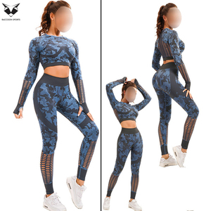 Newest Seamless Abstract Pattern Yoga Set High Waist Workout Leggings Women Long Sleeve <b>Crop</b> <b>Top</b> Out Mesh Fitness Gym Clothing - Product Image 5