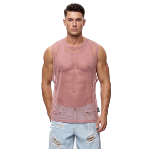 Débardeurs en maille transparente pour hommes, col rond, sans manches, 100% polyester, haut transparent, style streetwear, vêtements de mode, débardeur en maille transparente - Product Image 1