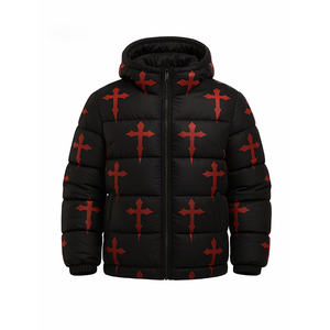 Veste matelassée noire de haute qualité pour homme avec imprimé croix, à capuche, d'hiver, style streetwear, épaisse et chaude, personnalisable avec logo OEM - Product Image 4