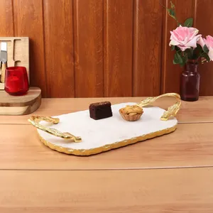 Luxury White Marble Serving Tray with Gold Leaf Handles Single Tier Multifunction Jewelry Storage & <b>Coffee</b> <b>Table</b> Organizer - Product Image 5