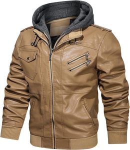 <b>Men</b> Brown PU <b>Leather</b> Moto Biker <b>Jacket</b> Hooded Zipper Front Solid Color Autumn Slim Fit Regular Sleeve Windproof - Product Image 5