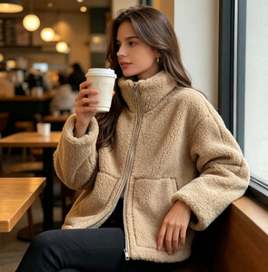 Abrigo de invierno grueso para mujer, de piel sintética, con cremallera, cuello alto, hombros caídos y bolsillos de parche. - Product Image 3
