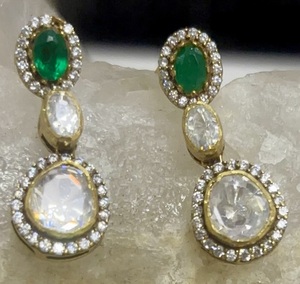 <b>studs</b> <b>earring</b> in drop design with green doublet in silver jewelry 925 for bridal polki stone handmade jewelry for women - Product Image 1