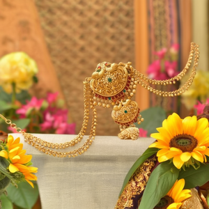 Premium Peacock Jada Billai Necklace with Gold Bead Maatil - Product Image 3
