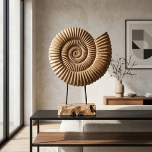 Gerry Lumintu Stand Handcrafted <b>Wooden</b> Ammonite Shell Sculpture <b>Rustic</b> Tabletop Decorative Artwork Metal Stand Home Decor Accent - Product Image 4