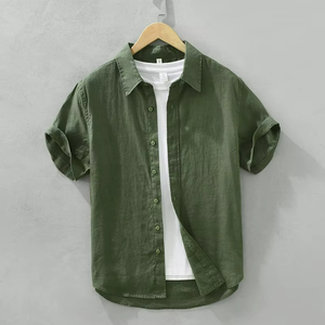 เสื้อเชิ้ตผ้าลินินขายส่ง คุณภาพสูง ทรงพอดีตัว ใส่ได้ในฤดูร้อน ปกคอปกเสื้อแบบพับได้ เสื้อเชิ้ตผู้ชายแขนสั้น - Product Image 3