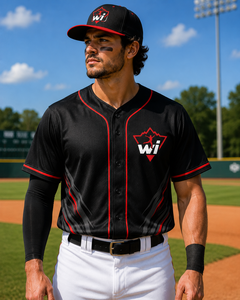 Maillot de baseball WARPRO INDUSTRY pour homme, manches courtes, boutons sur le devant, sublimation noir et rouge, évacuation de l'humidité, respirant, Spandex/Nylon - Product Image 5