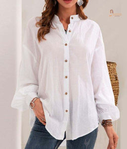 Nouvelle mode femme, chemise décontractée en maille unie blanche à manches longues, coupe droite, broderie, manches raglan, col rabattu, automne - Product Image 1
