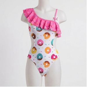 Traje de baño de una pieza para mujer con estampado de donuts, escote asimétrico con volantes, bikini elástico, ropa de playa - Product Image 1