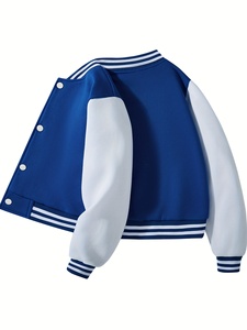 Veste universitaire unisexe bleue et blanche à blocs de couleur, coupe classique, col rabattu, fermeture boutonnée, pour l'automne - Product Image 1