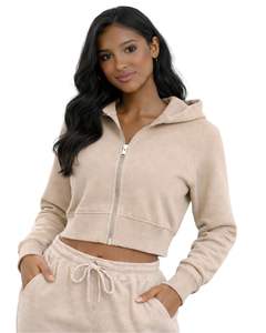 Sudadera con capucha corta personalizada para mujer, color beige, manga larga, estilo casual, para gimnasio y fitness. - Product Image 1