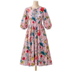 Pink Floral Carry Print Cotton Dress Dori Neck Long Length with Side Pockets Women Casual Hand Block Print Handmade Masterpiece - Product Image 1