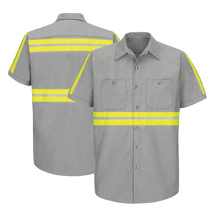 Chemise de travail haute visibilité réfléchissante pour homme, manches courtes, bleu marine avec bandes jaunes, uniforme en coton - Product Image 5