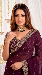 AARA Fashion Purple Embroidered Silk <b>Saree</b> <b>Blouse</b> Women Wedding Traditional Indian Pakistani Style Floor-Length Regular Fit Sun - Product Image 3