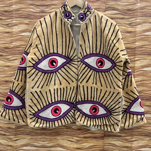 Vintage Champagne <b>Velvet</b> Embroidered Suzani <b>Jacket</b> With Eye Pattern Full Sleeve Stand Collar Handmade Bohemian Winter Outerwear - Product Image 1