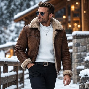 Brown Shearling Genuine Leather <b>Coat</b> for Men, Sheepskin Aviator Jacket, 90s Vintage Winter Jacket, Fur Collar <b>Coat</b>, <b>Warm</b> Gift - Product Image 3