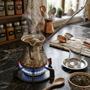 Cafetera Turca Plateada Grabada con Motivo Otomano, Cezve, Ibrik Árabe, Briki Griega, Calentador de Leche para Estufa con Asa Metálica Plana, OEMs - Product Image 3