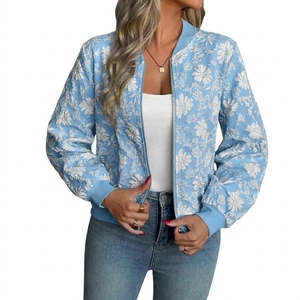 Chaqueta Bomber con Estampado Floral Azul Claro para Mujer, Informal, con Cierre, Cuello Alto, Manga Larga, Poliéster, Ropa de Abrigo de Primavera - Product Image 1