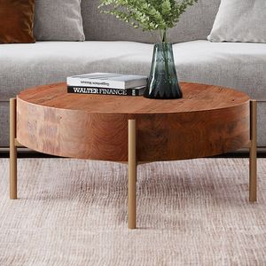 Tavolino rotondo rustico con piano in legno massello e gambe in metallo - Product Image 1
