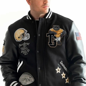 Unisex Black PU Varsity Jacket Embroidered Custom Printed Design Stand Collar Button Front <b>Winter</b> Style Customized Color - Product Image 4