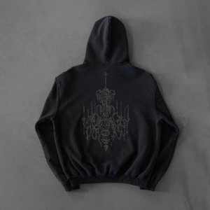 Sudadera con capucha negra para hombre, con cremallera, estilo urbano ecológico, oversize, con estampado gótico de candelabro de diamantes de imitación en la espalda, corte regular - Product Image 1