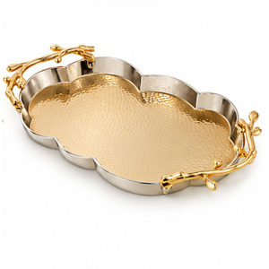 Bandeja decorativa dorada con asas de rama, plato de servir de metal martillado para centro de mesa de boda, vajilla de hotel, bandeja al por mayor - Product Image 5