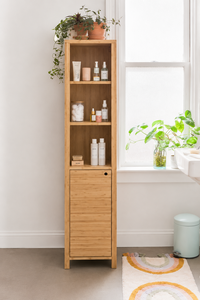 Elegant Slatted Teak Wood Bathroom Cabinet Tall Narrow Towel Shelf with Door - Product Image 2