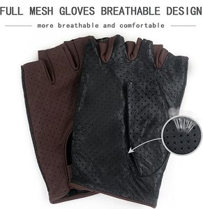 Gants de conduite en cuir véritable sans doigts pour hommes, gants de moto respirants perforés, vente en gros - Product Image 3